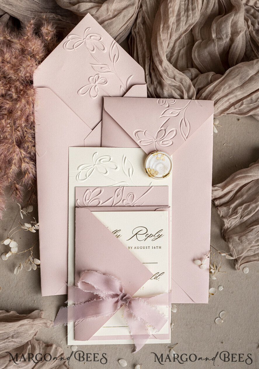 WEDDING INVITATIONS embossed invites Bespoke Embossed Blind Blus Pink Gold Wedding Invitation, Golden Nude deboss Floral Wedding Invitation, Modern Garden Debossed Invitation suite, Cotton paper wedding invitation suite, Wedding Invitations golden