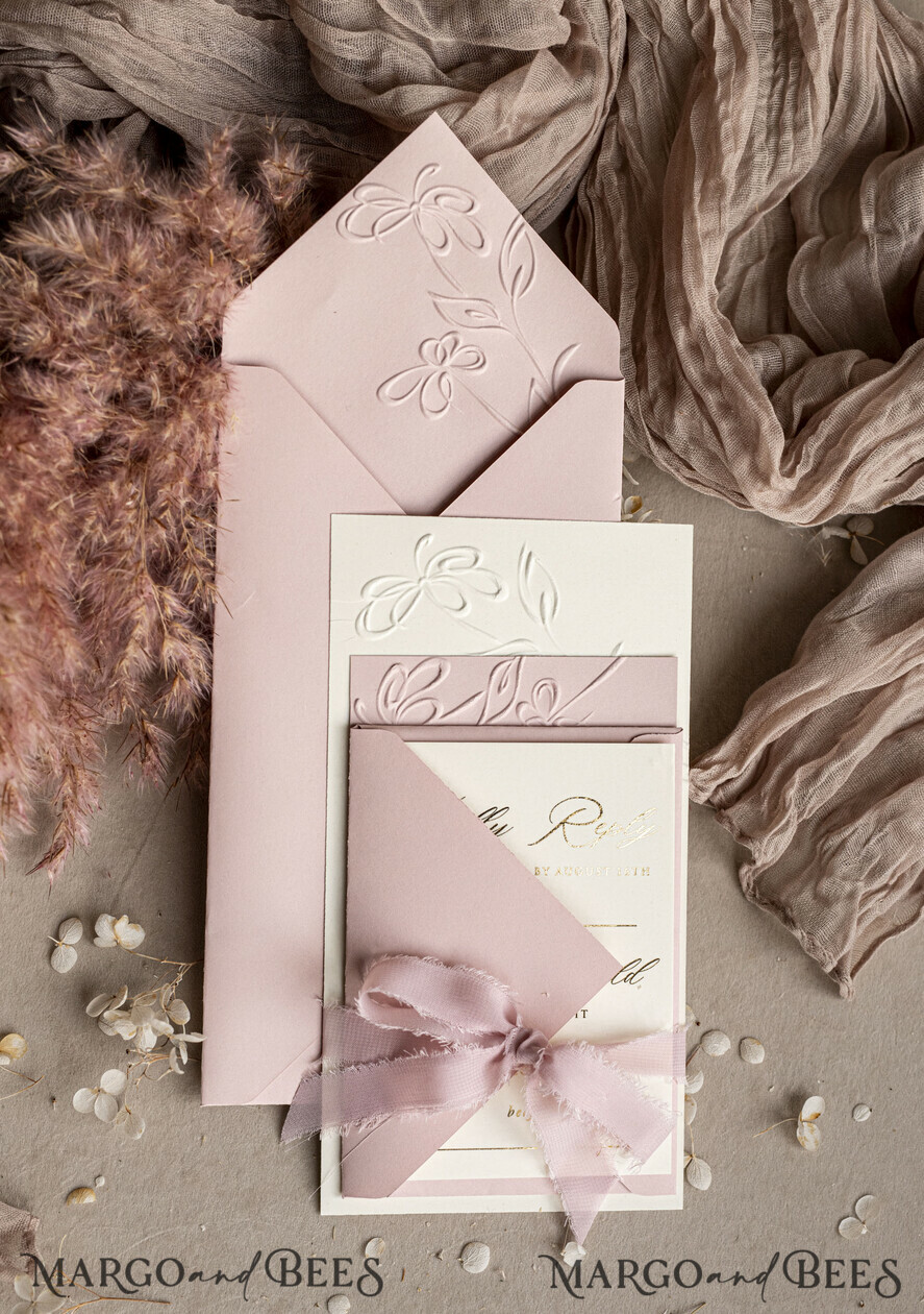 WEDDING INVITATIONS embossed invites Bespoke Embossed Blind Blus Pink Gold Wedding Invitation, Golden Nude deboss Floral Wedding Invitation, Modern Garden Debossed Invitation suite, Cotton paper wedding invitation suite, Wedding Invitations golden