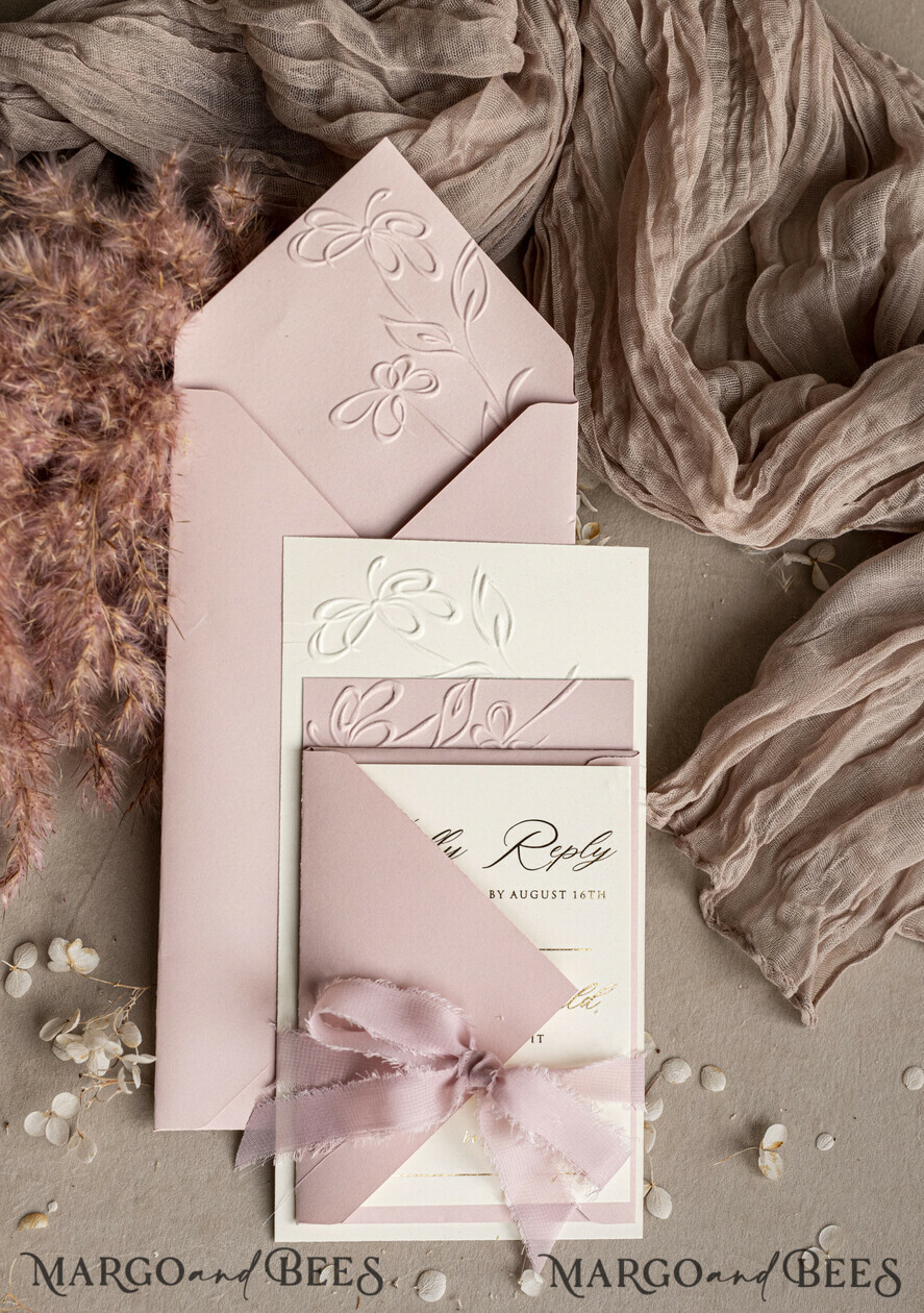 WEDDING INVITATIONS embossed invites Bespoke Embossed Blind Blus Pink Gold Wedding Invitation, Golden Nude deboss Floral Wedding Invitation, Modern Garden Debossed Invitation suite, Cotton paper wedding invitation suite, Wedding Invitations golden