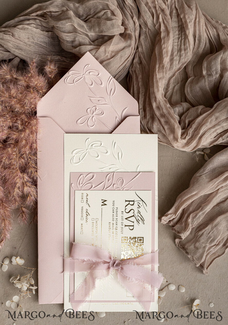 WEDDING INVITATIONS embossed invites Bespoke Embossed Blind Blus Pink Gold Wedding Invitation, Golden Nude deboss Floral Wedding Invitation, Modern Garden Debossed Invitation suite, Cotton paper wedding invitation suite, Wedding Invitations golden