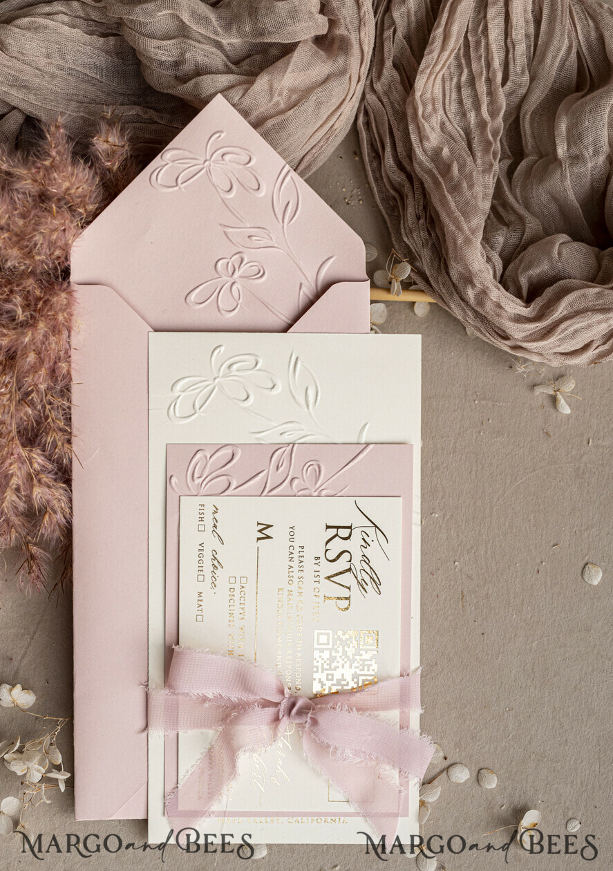WEDDING INVITATIONS embossed invites Bespoke Embossed Blind Blus Pink Gold Wedding Invitation, Golden Nude deboss Floral Wedding Invitation, Modern Garden Debossed Invitation suite, Cotton paper wedding invitation suite, Wedding Invitations golden