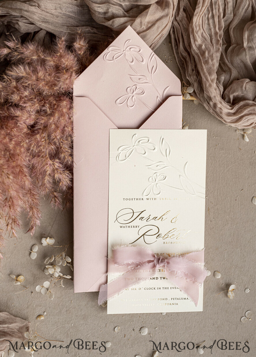 WEDDING INVITATIONS embossed invites Bespoke Embossed Blind Blus Pink Gold Wedding Invitation, Golden Nude deboss Floral Wedding Invitation, Modern Garden Debossed Invitation suite, Cotton paper wedding invitation suite, Wedding Invitations golden