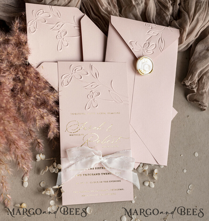 WEDDING INVITATIONS embossed invites Bespoke Embossed Blind Blus Pink Gold Wedding Invitation, Golden Nude deboss Floral Wedding Invitation, Modern Garden Debossed Invitation suite, Cotton paper wedding invitation suite, Wedding Invitations golden