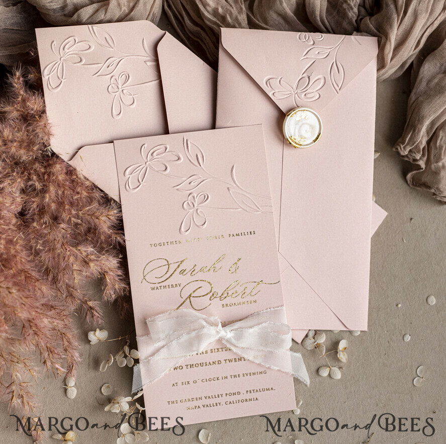 WEDDING INVITATIONS embossed invites Bespoke Embossed Blind Blus Pink Gold Wedding Invitation, Golden Nude deboss Floral Wedding Invitation, Modern Garden Debossed Invitation suite, Cotton paper wedding invitation suite, Wedding Invitations golden