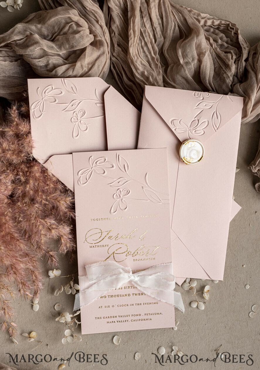 WEDDING INVITATIONS embossed invites Bespoke Embossed Blind Blus Pink Gold Wedding Invitation, Golden Nude deboss Floral Wedding Invitation, Modern Garden Debossed Invitation suite, Cotton paper wedding invitation suite, Wedding Invitations golden