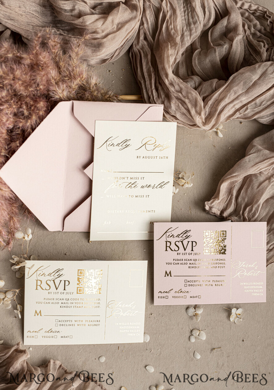 WEDDING INVITATIONS embossed invites Bespoke Embossed Blind Blus Pink Gold Wedding Invitation, Golden Nude deboss Floral Wedding Invitation, Modern Garden Debossed Invitation suite, Cotton paper wedding invitation suite, Wedding Invitations golden