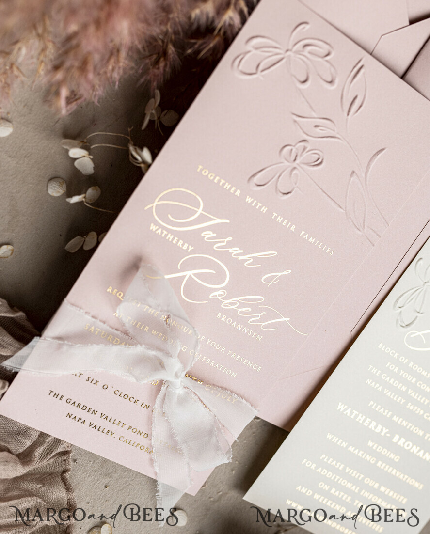WEDDING INVITATIONS embossed invites Bespoke Embossed Blind Blus Pink Gold Wedding Invitation, Golden Nude deboss Floral Wedding Invitation, Modern Garden Debossed Invitation suite, Cotton paper wedding invitation suite, Wedding Invitations golden