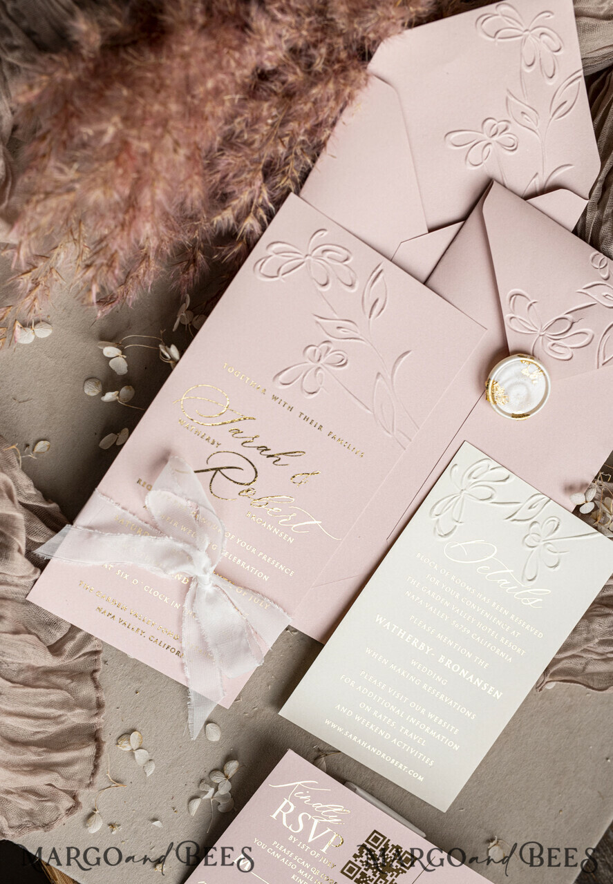 WEDDING INVITATIONS embossed invites Bespoke Embossed Blind Blus Pink Gold Wedding Invitation, Golden Nude deboss Floral Wedding Invitation, Modern Garden Debossed Invitation suite, Cotton paper wedding invitation suite, Wedding Invitations golden