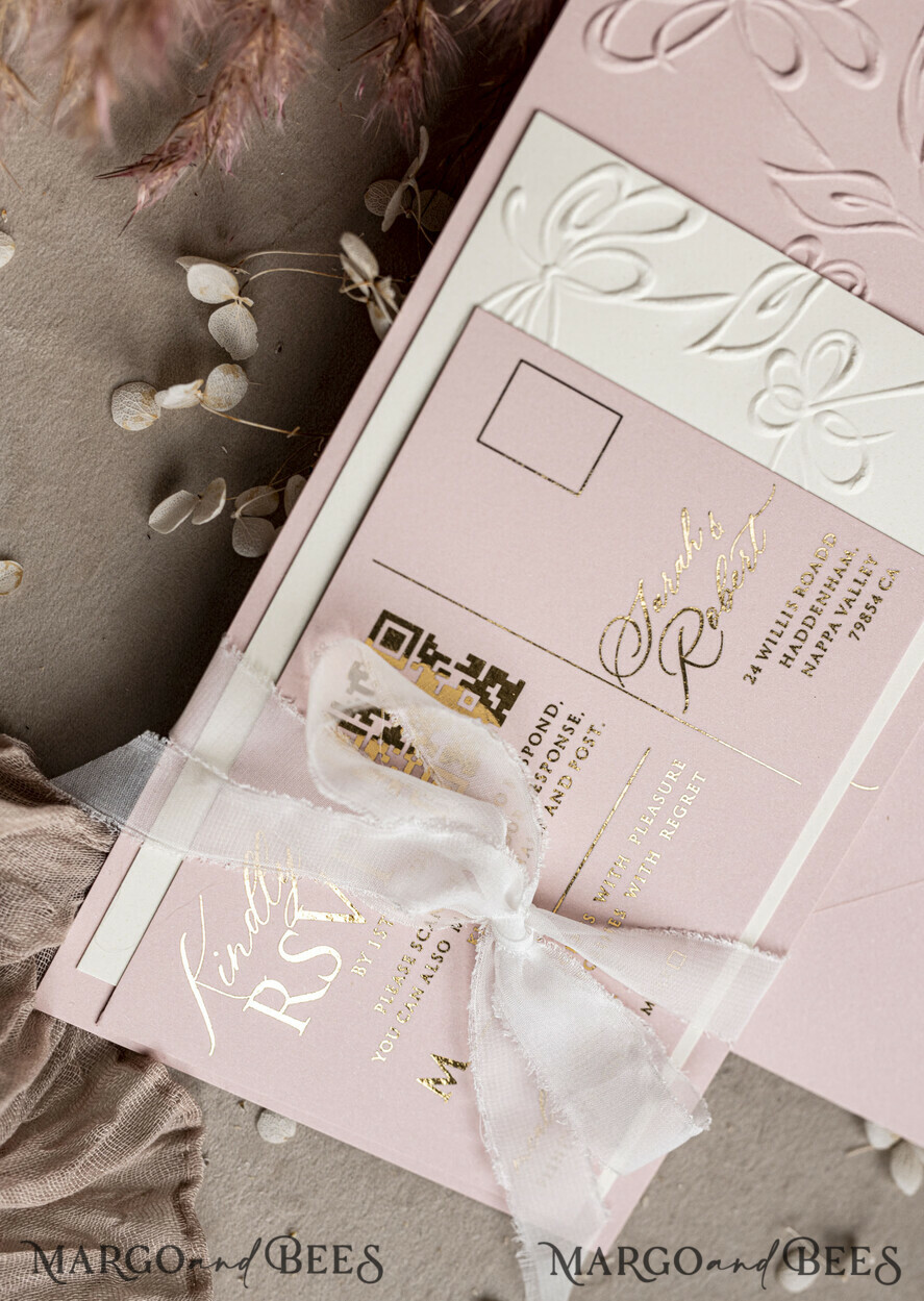 WEDDING INVITATIONS embossed invites Bespoke Embossed Blind Blus Pink Gold Wedding Invitation, Golden Nude deboss Floral Wedding Invitation, Modern Garden Debossed Invitation suite, Cotton paper wedding invitation suite, Wedding Invitations golden