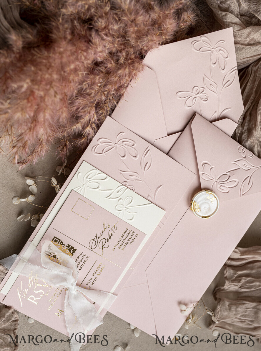 WEDDING INVITATIONS embossed invites Bespoke Embossed Blind Blus Pink Gold Wedding Invitation, Golden Nude deboss Floral Wedding Invitation, Modern Garden Debossed Invitation suite, Cotton paper wedding invitation suite, Wedding Invitations golden