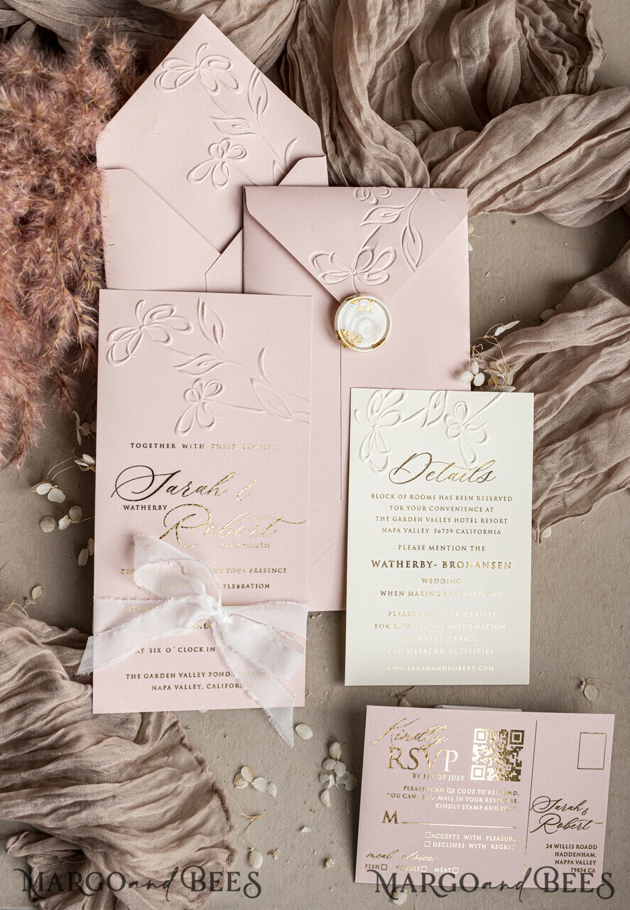 WEDDING INVITATIONS embossed invites Bespoke Embossed Blind Blus Pink Gold Wedding Invitation, Golden Nude deboss Floral Wedding Invitation, Modern Garden Debossed Invitation suite, Cotton paper wedding invitation suite, Wedding Invitations golden