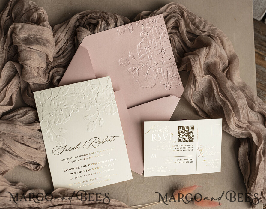 WEDDING INVITATIONS embossed invites Fine Art Embossed Blind Blush Pink Gold Wedding Invitation, Golden deboss Roses Floral Wedding Invitation, Boho Ecru Debossed Invitation suite, Gold Foil wedding invitation suite, Wedding Invitations golden