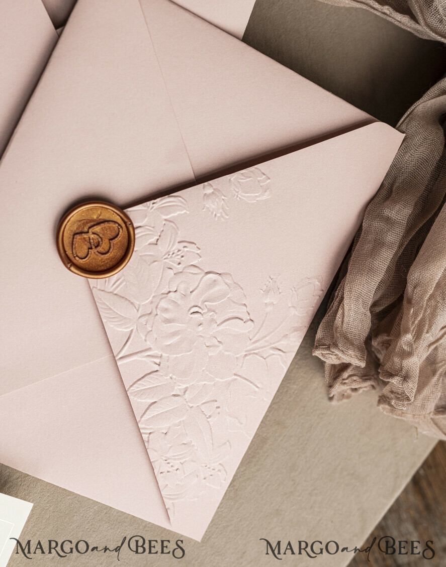 WEDDING INVITATIONS embossed invites Fine Art Embossed Blind Blush Pink Gold Wedding Invitation, Golden deboss Roses Floral Wedding Invitation, Boho Ecru Debossed Invitation suite, Gold Foil wedding invitation suite, Wedding Invitations golden