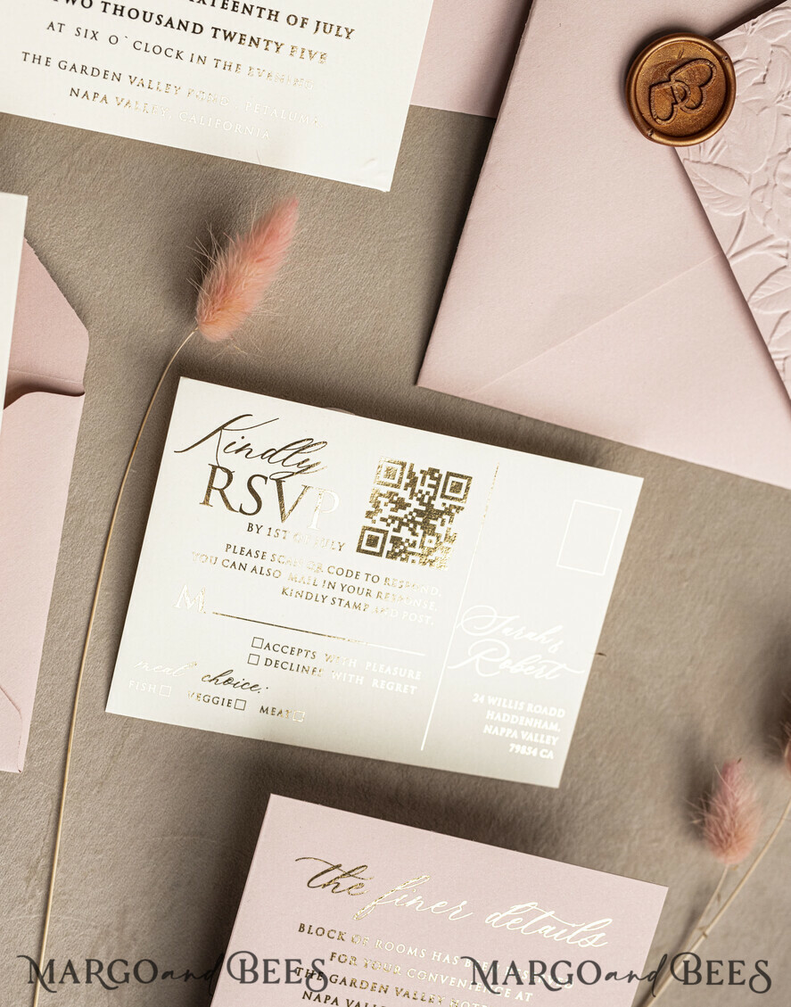WEDDING INVITATIONS embossed invites Fine Art Embossed Blind Blush Pink Gold Wedding Invitation, Golden deboss Roses Floral Wedding Invitation, Boho Ecru Debossed Invitation suite, Gold Foil wedding invitation suite, Wedding Invitations golden