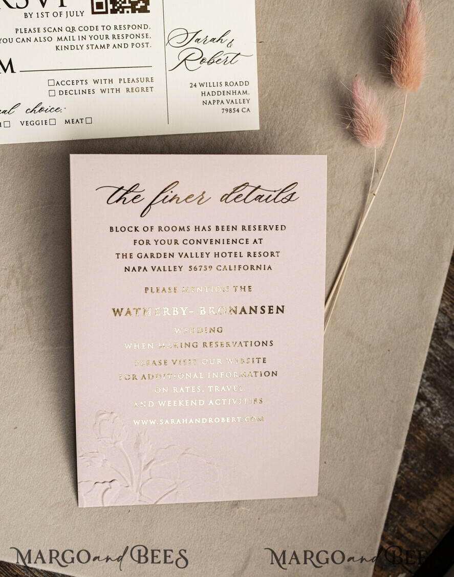 WEDDING INVITATIONS embossed invites Fine Art Embossed Blind Blush Pink Gold Wedding Invitation, Golden deboss Roses Floral Wedding Invitation, Boho Ecru Debossed Invitation suite, Gold Foil wedding invitation suite, Wedding Invitations golden