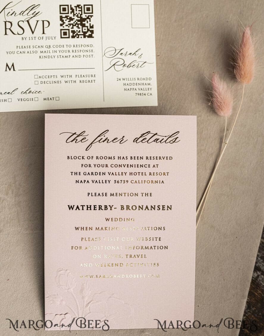 WEDDING INVITATIONS embossed invites Fine Art Embossed Blind Blush Pink Gold Wedding Invitation, Golden deboss Roses Floral Wedding Invitation, Boho Ecru Debossed Invitation suite, Gold Foil wedding invitation suite, Wedding Invitations golden