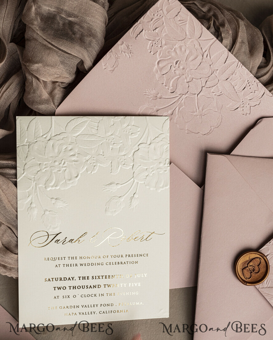 WEDDING INVITATIONS embossed invites Fine Art Embossed Blind Blush Pink Gold Wedding Invitation, Golden deboss Roses Floral Wedding Invitation, Boho Ecru Debossed Invitation suite, Gold Foil wedding invitation suite, Wedding Invitations golden