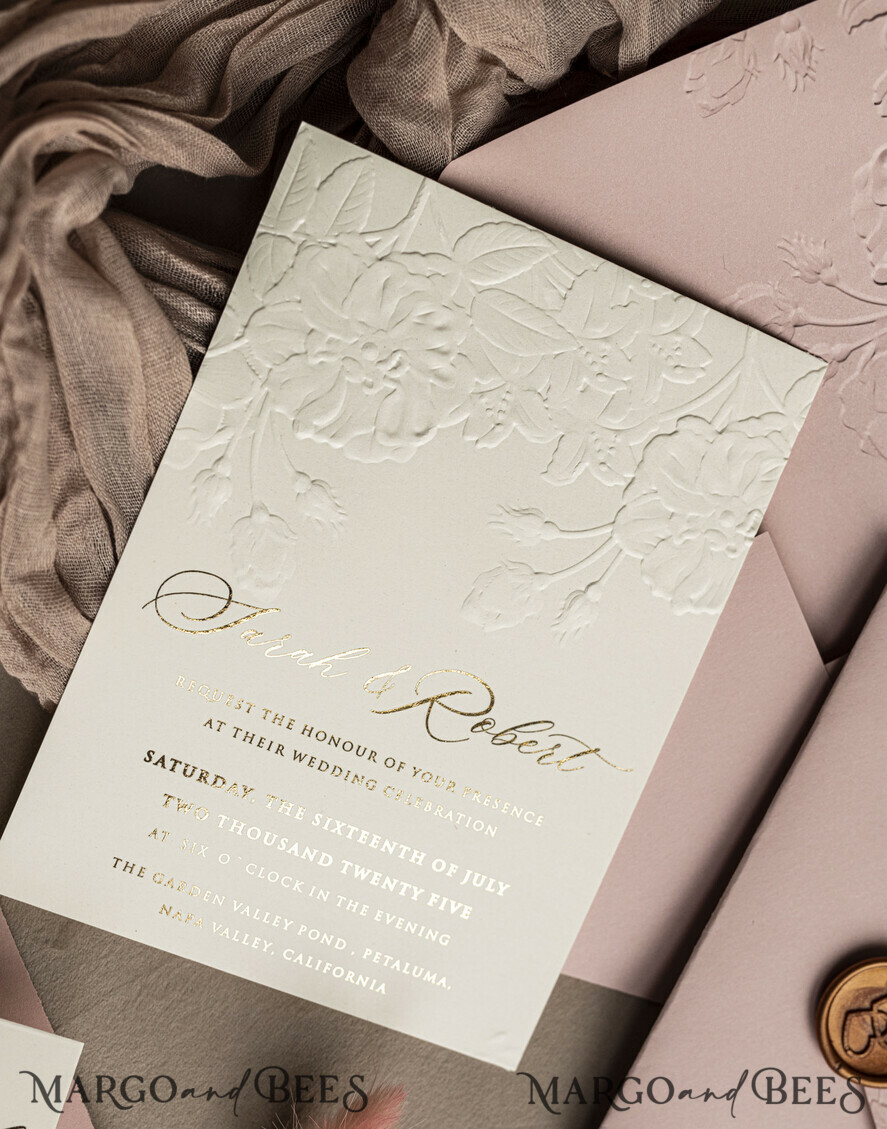 WEDDING INVITATIONS embossed invites Fine Art Embossed Blind Blush Pink Gold Wedding Invitation, Golden deboss Roses Floral Wedding Invitation, Boho Ecru Debossed Invitation suite, Gold Foil wedding invitation suite, Wedding Invitations golden