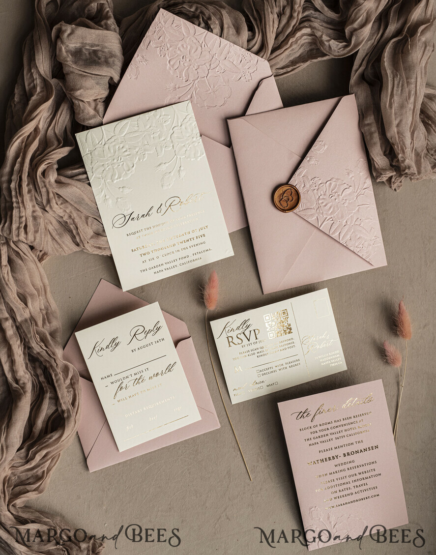 WEDDING INVITATIONS embossed invites Fine Art Embossed Blind Blush Pink Gold Wedding Invitation, Golden deboss Roses Floral Wedding Invitation, Boho Ecru Debossed Invitation suite, Gold Foil wedding invitation suite, Wedding Invitations golden