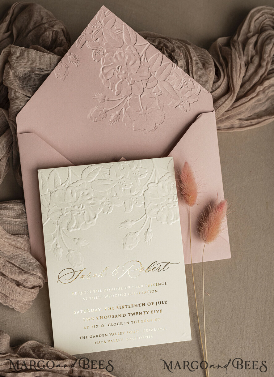 WEDDING INVITATIONS embossed invites Fine Art Embossed Blind Blush Pink Gold Wedding Invitation, Golden deboss Roses Floral Wedding Invitation, Boho Ecru Debossed Invitation suite, Gold Foil wedding invitation suite, Wedding Invitations golden