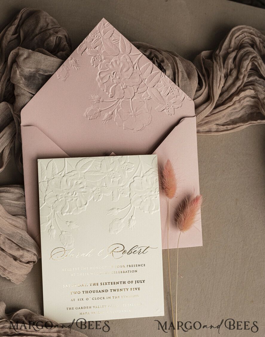 WEDDING INVITATIONS embossed invites Fine Art Embossed Blind Blush Pink Gold Wedding Invitation, Golden deboss Roses Floral Wedding Invitation, Boho Ecru Debossed Invitation suite, Gold Foil wedding invitation suite, Wedding Invitations golden