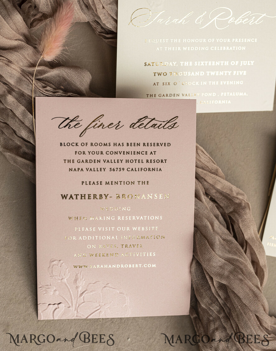WEDDING INVITATIONS embossed invites Fine Art Embossed Blind Blush Pink Gold Wedding Invitation, Golden deboss Roses Floral Wedding Invitation, Boho Ecru Debossed Invitation suite, Gold Foil wedding invitation suite, Wedding Invitations golden
