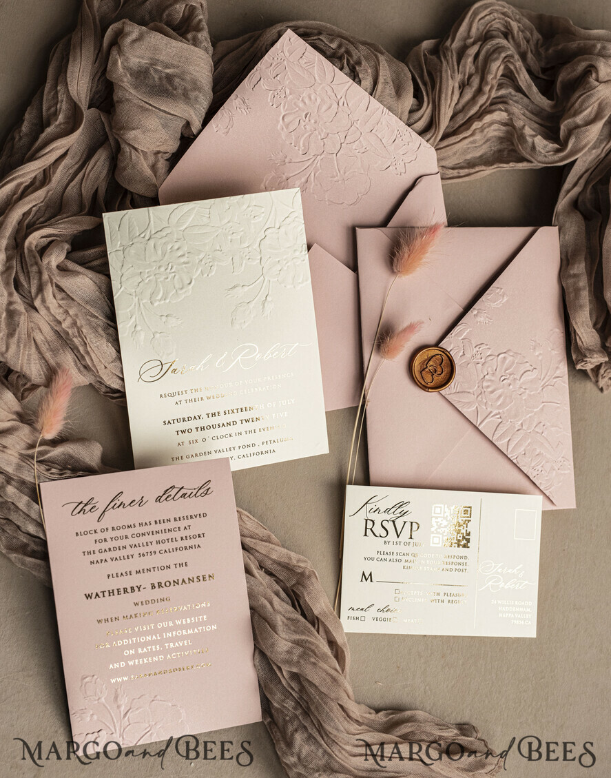 WEDDING INVITATIONS embossed invites Fine Art Embossed Blind Blush Pink Gold Wedding Invitation, Golden deboss Roses Floral Wedding Invitation, Boho Ecru Debossed Invitation suite, Gold Foil wedding invitation suite, Wedding Invitations golden
