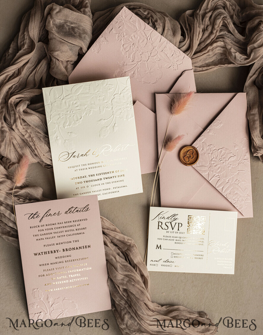 WEDDING INVITATIONS embossed invites Fine Art Embossed Blind Blush Pink Gold Wedding Invitation, Golden deboss Roses Floral Wedding Invitation, Boho Ecru Debossed Invitation suite, Gold Foil wedding invitation suite, Wedding Invitations golden