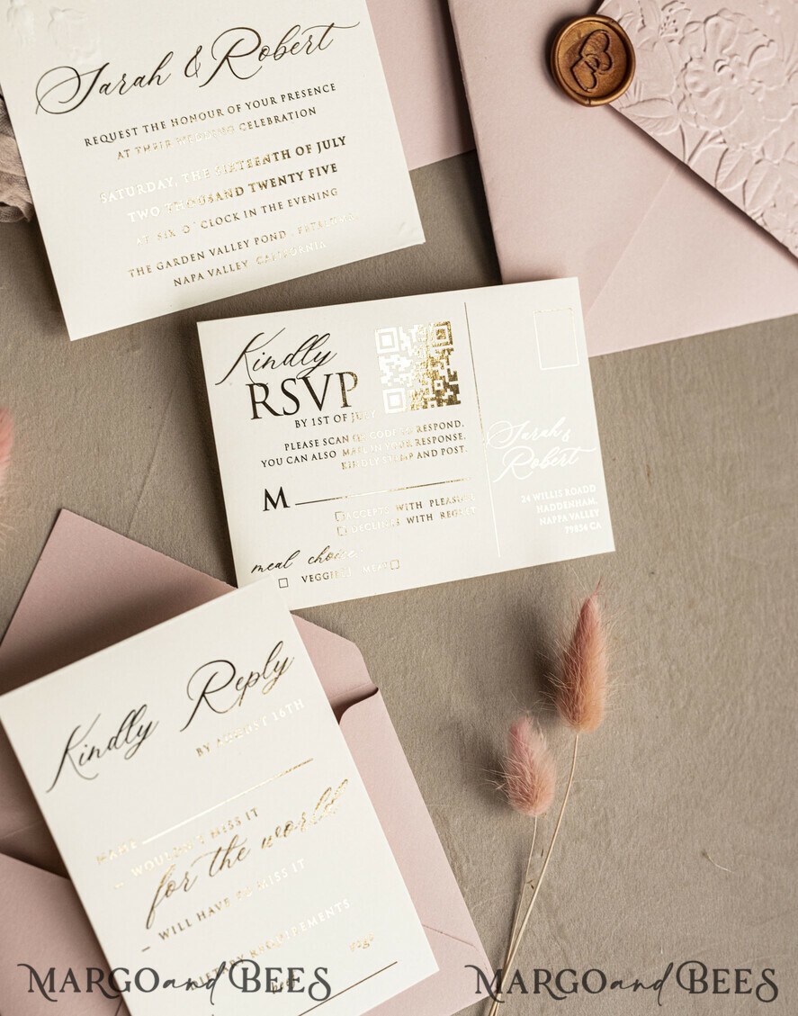 WEDDING INVITATIONS embossed invites Fine Art Embossed Blind Blush Pink Gold Wedding Invitation, Golden deboss Roses Floral Wedding Invitation, Boho Ecru Debossed Invitation suite, Gold Foil wedding invitation suite, Wedding Invitations golden