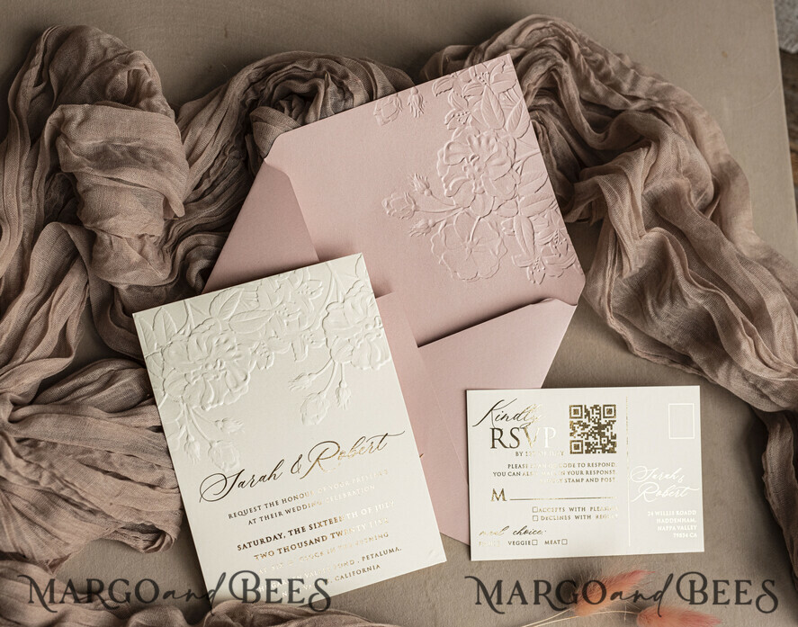 WEDDING INVITATIONS embossed invites Fine Art Embossed Blind Blush Pink Gold Wedding Invitation, Golden deboss Roses Floral Wedding Invitation, Boho Ecru Debossed Invitation suite, Gold Foil wedding invitation suite, Wedding Invitations golden