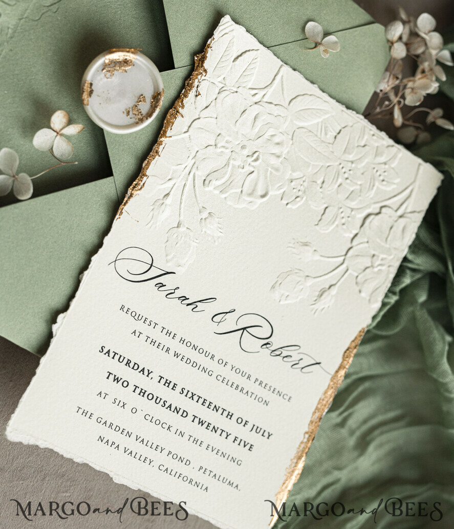 WEDDING INVITATIONS embossed invites Bespoke Embossed Blind Sage green Gold Wedding Invitation, Golden greenery deboss Roses Floral Wedding Invitation, Boho Ecru Garden Debossed Invitation suite, Cotton paper wedding invitation suite, Deckled Edge Invites, Torn Edge Wedding Invitations golden