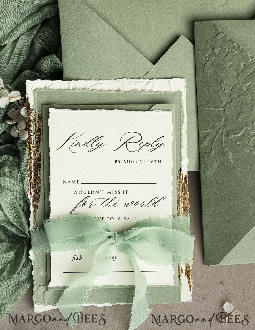 WEDDING INVITATIONS embossed invites Bespoke Embossed Blind Sage green Gold Wedding Invitation, Golden greenery deboss Roses Floral Wedding Invitation, Boho Ecru Garden Debossed Invitation suite, Cotton paper wedding invitation suite, Deckled Edge Invites, Torn Edge Wedding Invitations golden