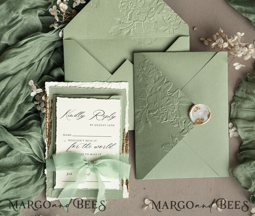 WEDDING INVITATIONS embossed invites Bespoke Embossed Blind Sage green Gold Wedding Invitation, Golden greenery deboss Roses Floral Wedding Invitation, Boho Ecru Garden Debossed Invitation suite, Cotton paper wedding invitation suite, Deckled Edge Invites, Torn Edge Wedding Invitations golden
