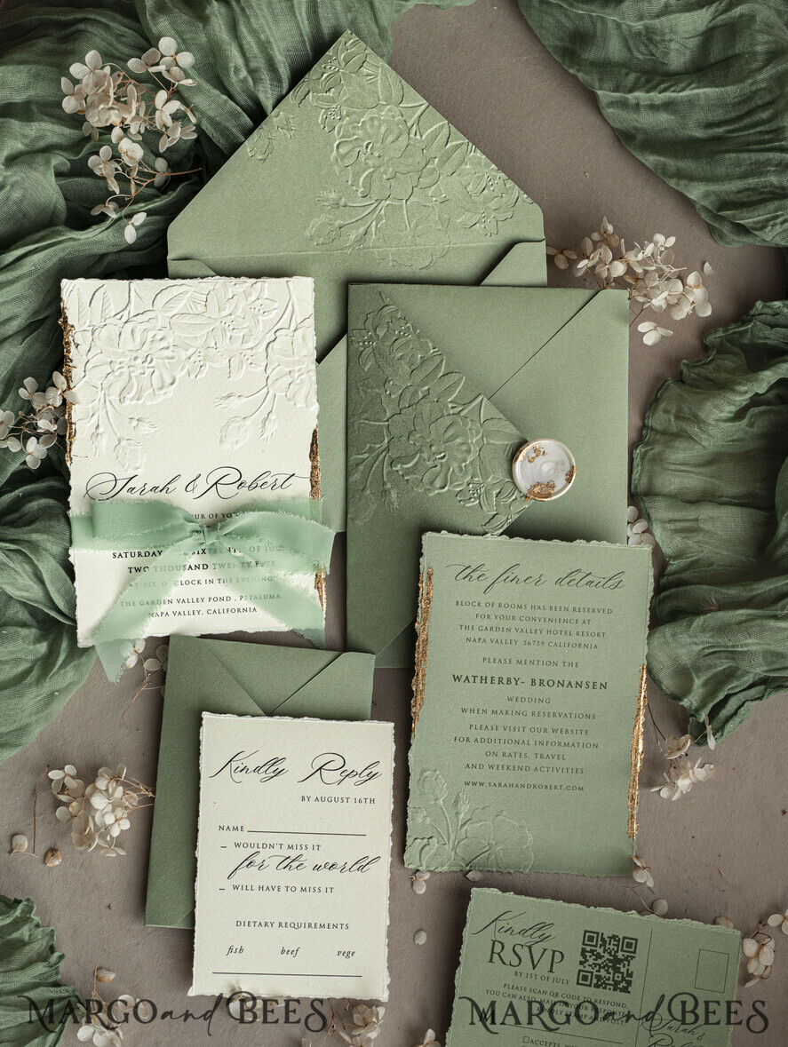 WEDDING INVITATIONS embossed invites Bespoke Embossed Blind Sage green Gold Wedding Invitation, Golden greenery deboss Roses Floral Wedding Invitation, Boho Ecru Garden Debossed Invitation suite, Cotton paper wedding invitation suite, Deckled Edge Invites, Torn Edge Wedding Invitations golden