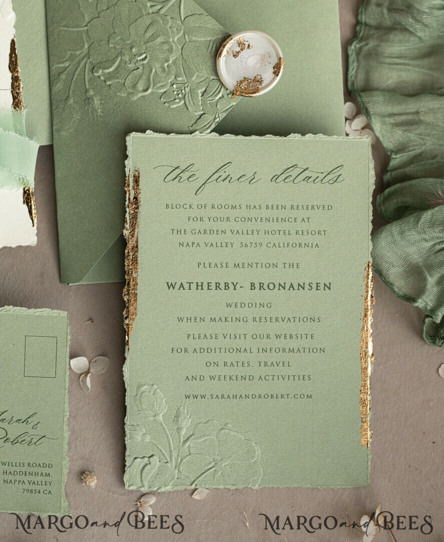 WEDDING INVITATIONS embossed invites Bespoke Embossed Blind Sage green Gold Wedding Invitation, Golden greenery deboss Roses Floral Wedding Invitation, Boho Ecru Garden Debossed Invitation suite, Cotton paper wedding invitation suite, Deckled Edge Invites, Torn Edge Wedding Invitations golden