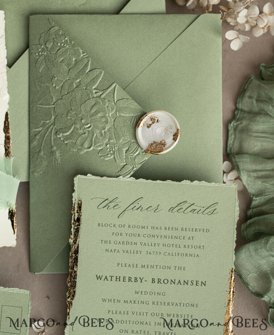 WEDDING INVITATIONS embossed invites Bespoke Embossed Blind Sage green Gold Wedding Invitation, Golden greenery deboss Roses Floral Wedding Invitation, Boho Ecru Garden Debossed Invitation suite, Cotton paper wedding invitation suite, Deckled Edge Invites, Torn Edge Wedding Invitations golden