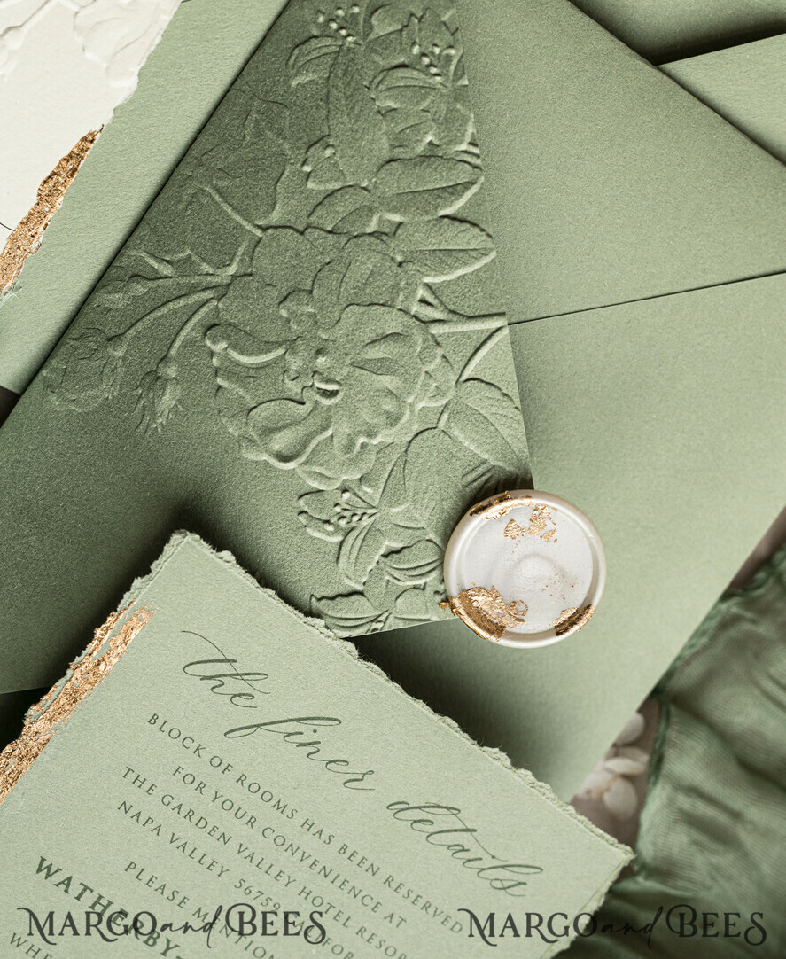 WEDDING INVITATIONS embossed invites Bespoke Embossed Blind Sage green Gold Wedding Invitation, Golden greenery deboss Roses Floral Wedding Invitation, Boho Ecru Garden Debossed Invitation suite, Cotton paper wedding invitation suite, Deckled Edge Invites, Torn Edge Wedding Invitations golden