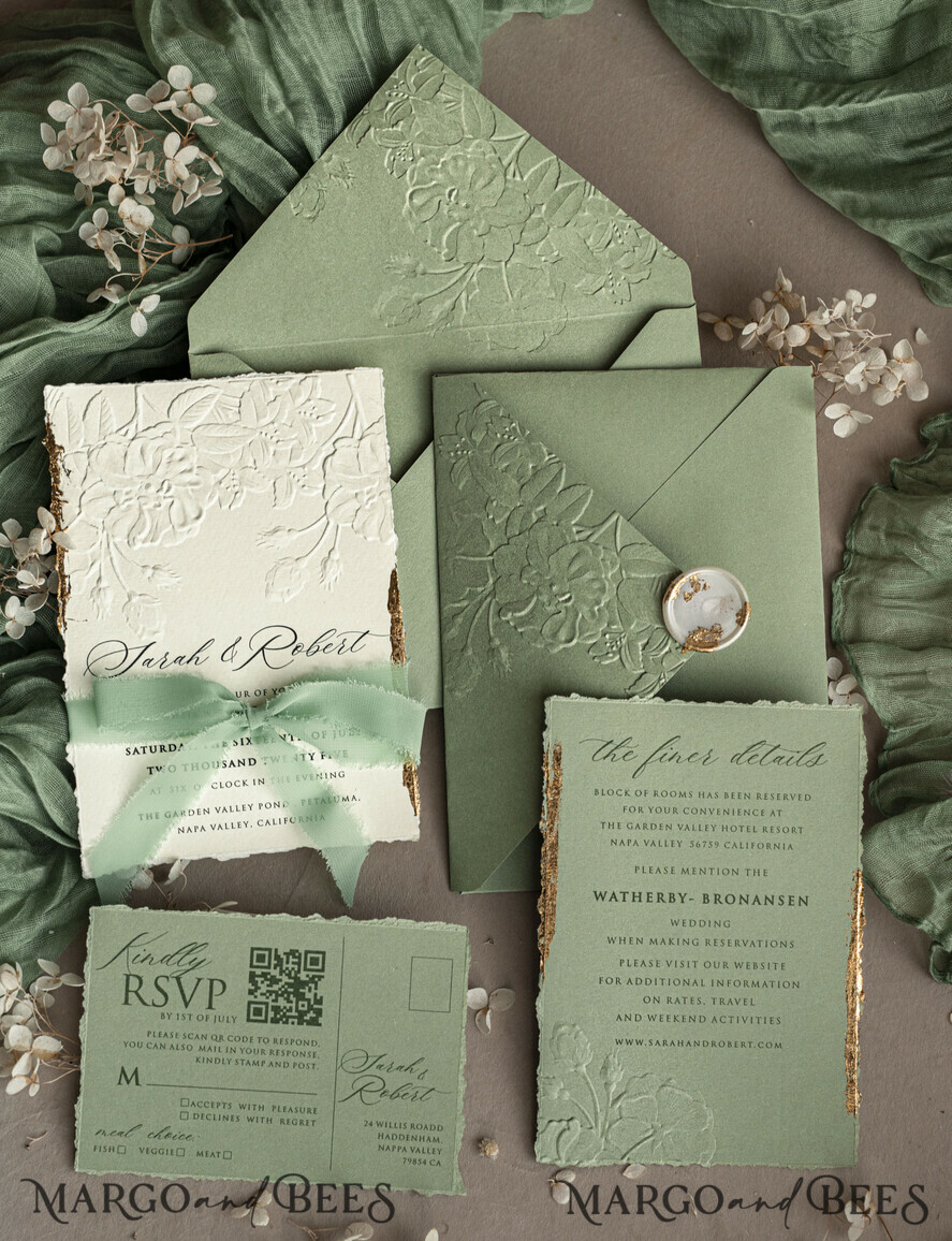 WEDDING INVITATIONS embossed invites Bespoke Embossed Blind Sage green Gold Wedding Invitation, Golden greenery deboss Roses Floral Wedding Invitation, Boho Ecru Garden Debossed Invitation suite, Cotton paper wedding invitation suite, Deckled Edge Invites, Torn Edge Wedding Invitations golden