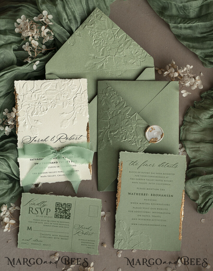 WEDDING INVITATIONS embossed invites Bespoke Embossed Blind Sage green Gold Wedding Invitation, Golden greenery deboss Roses Floral Wedding Invitation, Boho Ecru Garden Debossed Invitation suite, Cotton paper wedding invitation suite, Deckled Edge Invites, Torn Edge Wedding Invitations golden