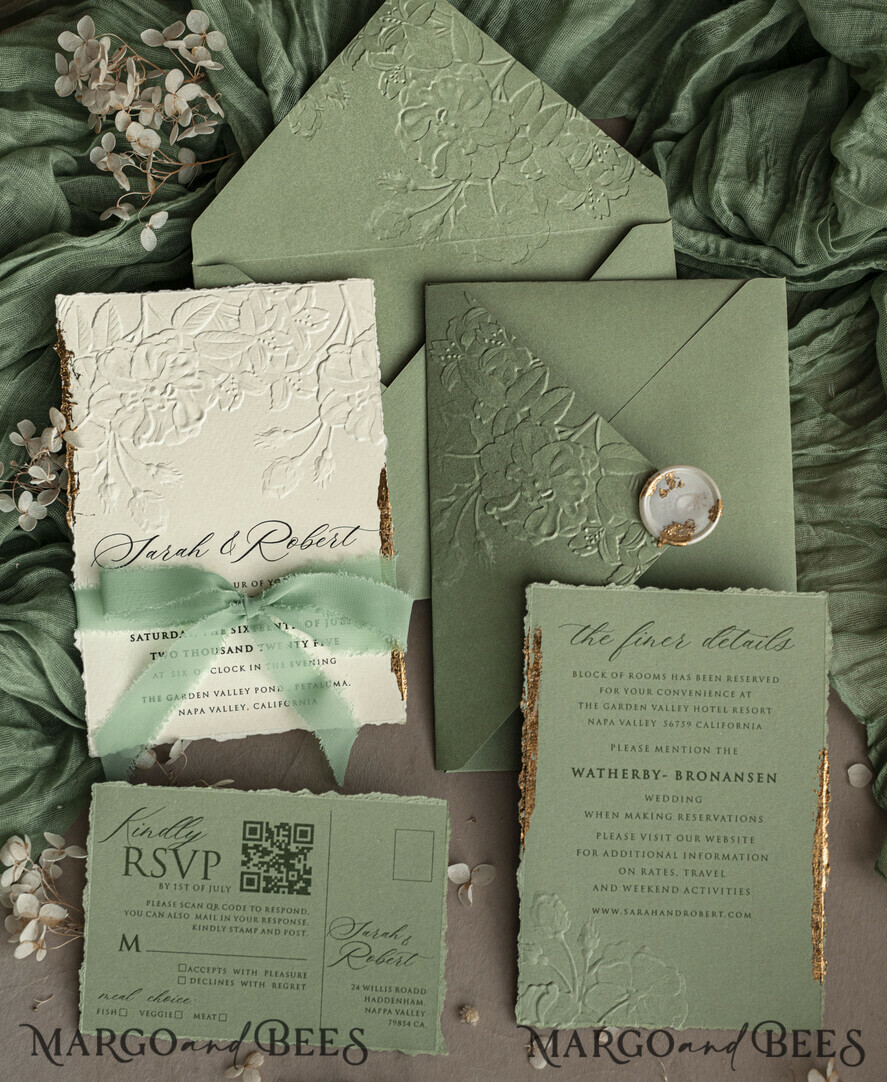 WEDDING INVITATIONS embossed invites Bespoke Embossed Blind Sage green Gold Wedding Invitation, Golden greenery deboss Roses Floral Wedding Invitation, Boho Ecru Garden Debossed Invitation suite, Cotton paper wedding invitation suite, Deckled Edge Invites, Torn Edge Wedding Invitations golden