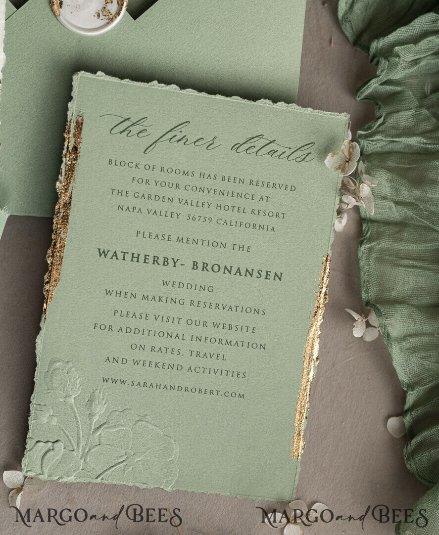 WEDDING INVITATIONS embossed invites Bespoke Embossed Blind Sage green Gold Wedding Invitation, Golden greenery deboss Roses Floral Wedding Invitation, Boho Ecru Garden Debossed Invitation suite, Cotton paper wedding invitation suite, Deckled Edge Invites, Torn Edge Wedding Invitations golden