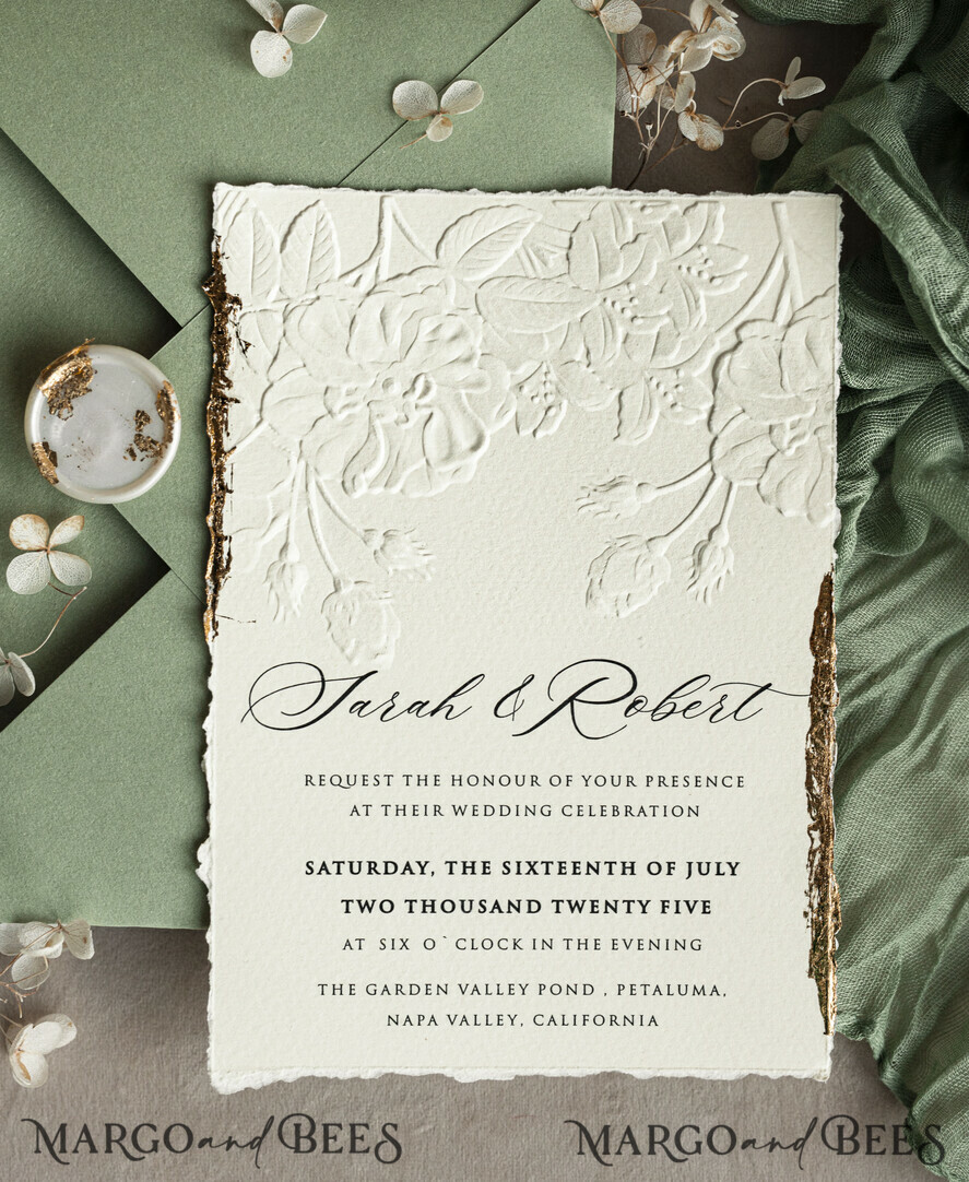 WEDDING INVITATIONS embossed invites Bespoke Embossed Blind Sage green Gold Wedding Invitation, Golden greenery deboss Roses Floral Wedding Invitation, Boho Ecru Garden Debossed Invitation suite, Cotton paper wedding invitation suite, Deckled Edge Invites, Torn Edge Wedding Invitations golden
