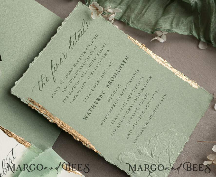 WEDDING INVITATIONS embossed invites Bespoke Embossed Blind Sage green Gold Wedding Invitation, Golden greenery deboss Roses Floral Wedding Invitation, Boho Ecru Garden Debossed Invitation suite, Cotton paper wedding invitation suite, Deckled Edge Invites, Torn Edge Wedding Invitations golden