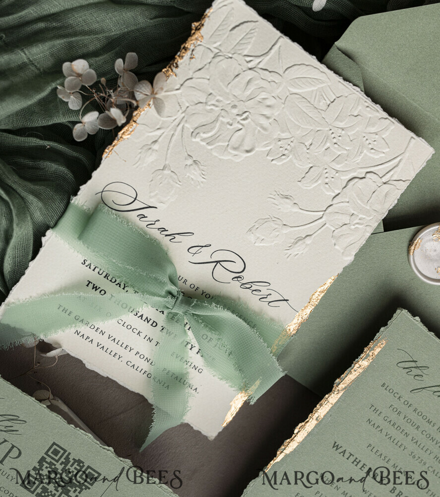 WEDDING INVITATIONS embossed invites Bespoke Embossed Blind Sage green Gold Wedding Invitation, Golden greenery deboss Roses Floral Wedding Invitation, Boho Ecru Garden Debossed Invitation suite, Cotton paper wedding invitation suite, Deckled Edge Invites, Torn Edge Wedding Invitations golden