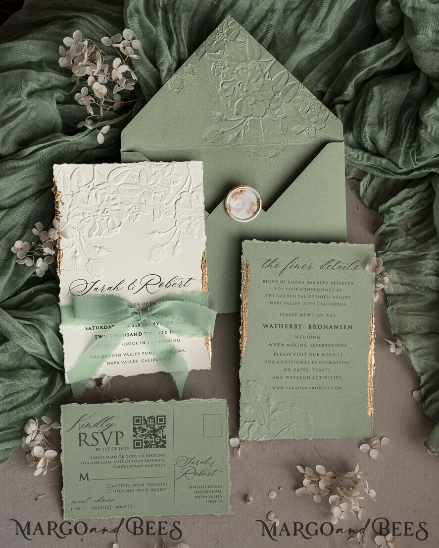 WEDDING INVITATIONS embossed invites Bespoke Embossed Blind Sage green Gold Wedding Invitation, Golden greenery deboss Roses Floral Wedding Invitation, Boho Ecru Garden Debossed Invitation suite, Cotton paper wedding invitation suite, Deckled Edge Invites, Torn Edge Wedding Invitations golden