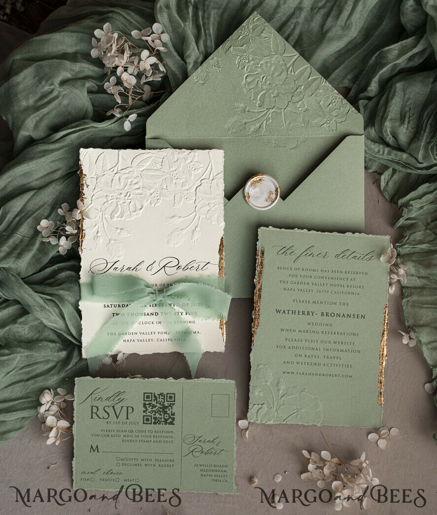 WEDDING INVITATIONS embossed invites Bespoke Embossed Blind Sage green Gold Wedding Invitation, Golden greenery deboss Roses Floral Wedding Invitation, Boho Ecru Garden Debossed Invitation suite, Cotton paper wedding invitation suite, Deckled Edge Invites, Torn Edge Wedding Invitations golden