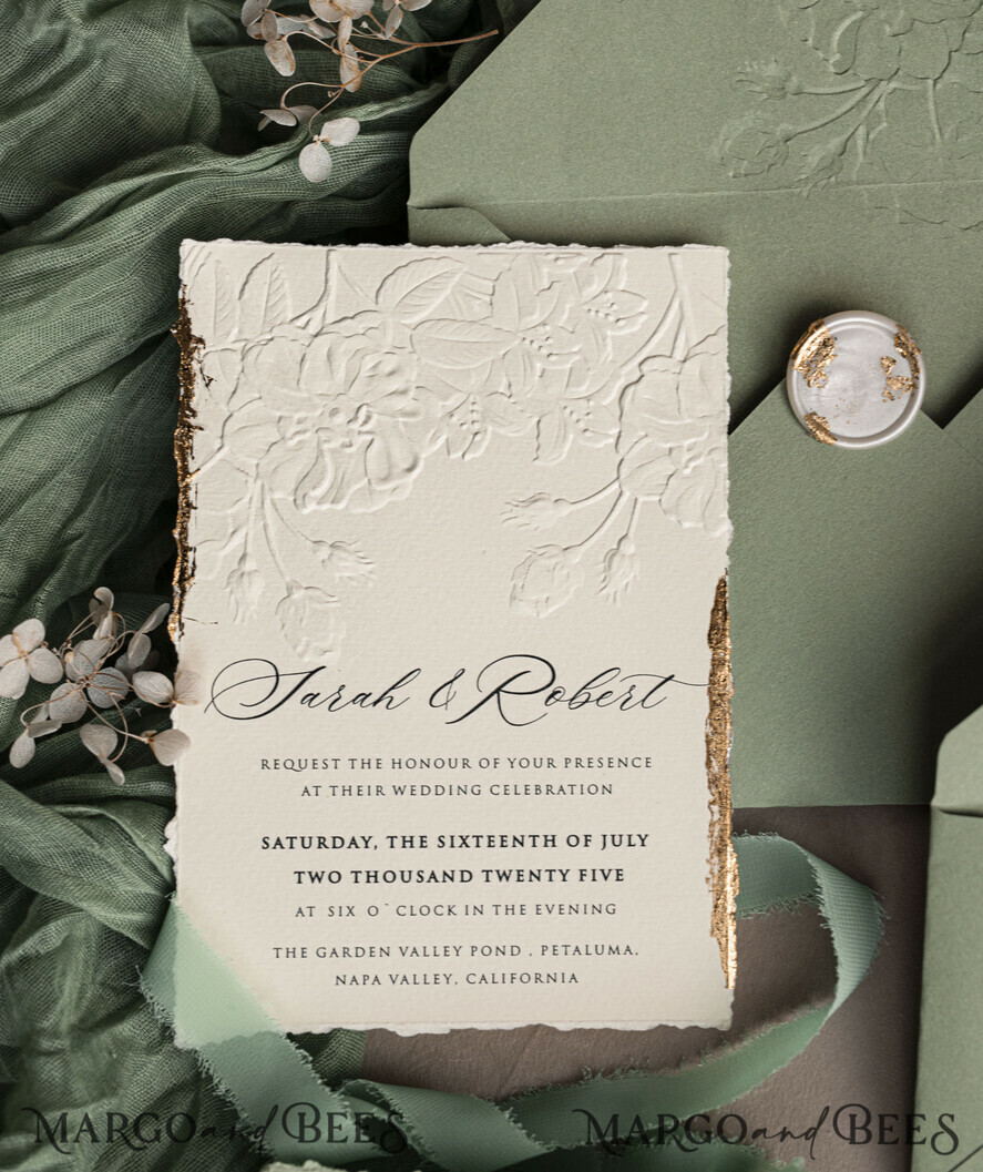 WEDDING INVITATIONS embossed invites Bespoke Embossed Blind Sage green Gold Wedding Invitation, Golden greenery deboss Roses Floral Wedding Invitation, Boho Ecru Garden Debossed Invitation suite, Cotton paper wedding invitation suite, Deckled Edge Invites, Torn Edge Wedding Invitations golden