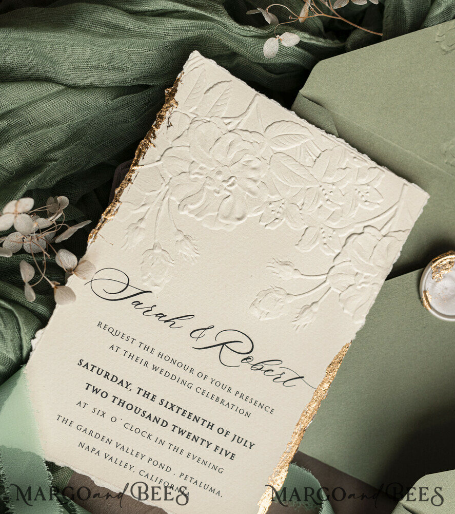 WEDDING INVITATIONS embossed invites Bespoke Embossed Blind Sage green Gold Wedding Invitation, Golden greenery deboss Roses Floral Wedding Invitation, Boho Ecru Garden Debossed Invitation suite, Cotton paper wedding invitation suite, Deckled Edge Invites, Torn Edge Wedding Invitations golden