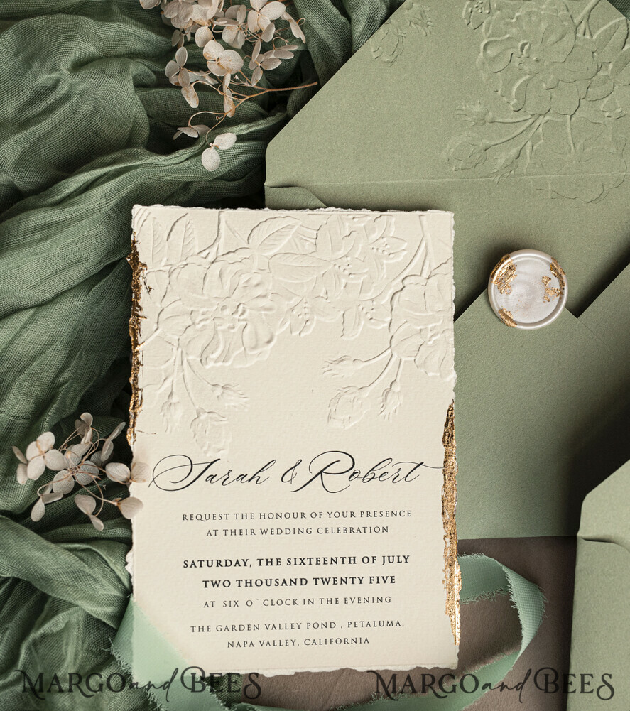 WEDDING INVITATIONS embossed invites Bespoke Embossed Blind Sage green Gold Wedding Invitation, Golden greenery deboss Roses Floral Wedding Invitation, Boho Ecru Garden Debossed Invitation suite, Cotton paper wedding invitation suite, Deckled Edge Invites, Torn Edge Wedding Invitations golden