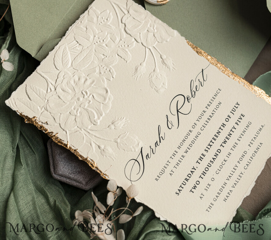 WEDDING INVITATIONS embossed invites Bespoke Embossed Blind Sage green Gold Wedding Invitation, Golden greenery deboss Roses Floral Wedding Invitation, Boho Ecru Garden Debossed Invitation suite, Cotton paper wedding invitation suite, Deckled Edge Invites, Torn Edge Wedding Invitations golden